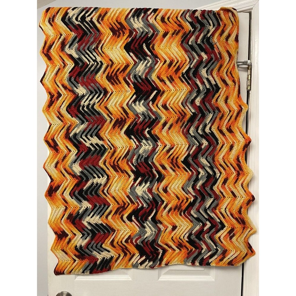 Afghan Crochet Throw Blanket Retro Handmade Chevron Zig Zag Ripple